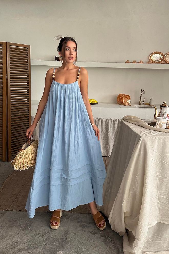 Elisa Wholesale Blue Strappy Mueslin Dress Wholesale Clothing Casual