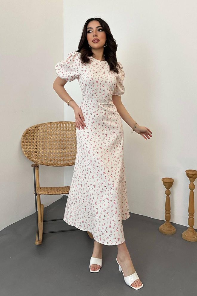Elisa White A Line Floral Midi Dress With Puff Sleeves Wholesale Clothing Casual
