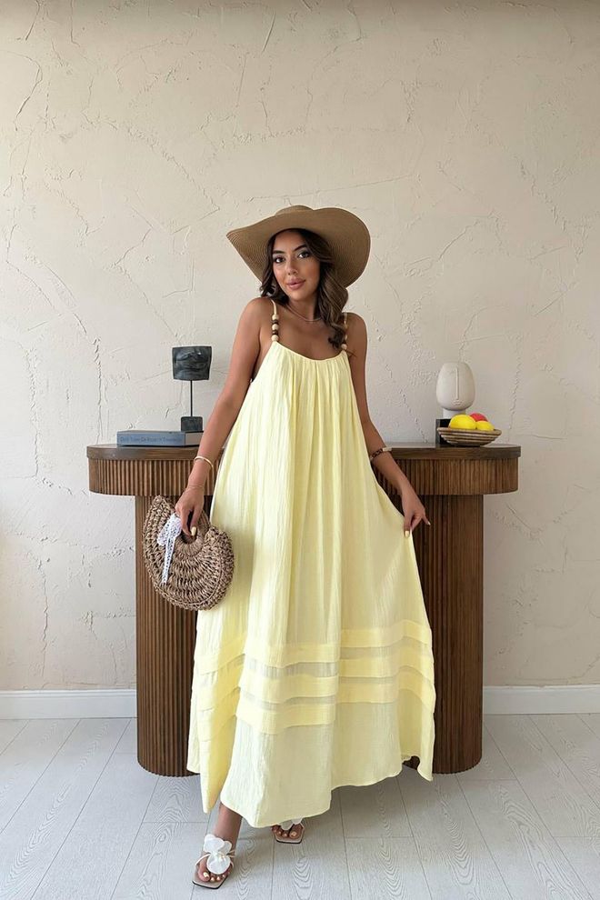 Elisa Yellow Boho Maxi Smock Dress Sleeveless Scoop Neck Wholesale Clothing Casual