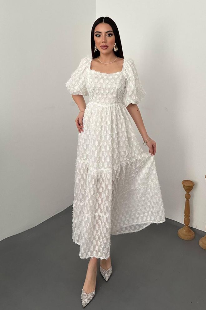 Elisa Κομψό Λευκό Φόρεμα Midi A line Με Φουσκωτά Μισά Μανίκια Χονδρικό εμπόριο ενδυμάτων Απλό