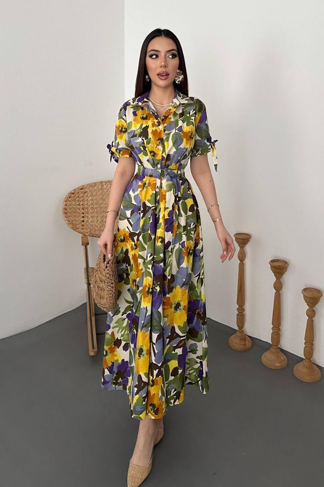 Elisa Robe Chemise Jaune Fleurie Avec Manches À Volants Vêtements en gros Décontracté