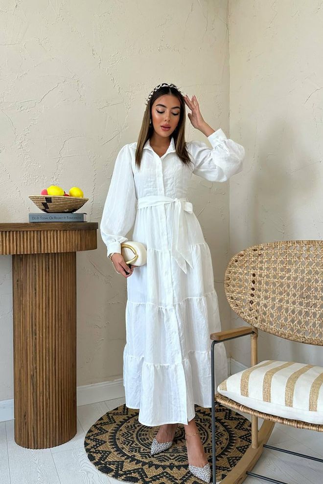 Elisa White Modest Elegant Maxi Shirt Dress Wholesale Clothing 1