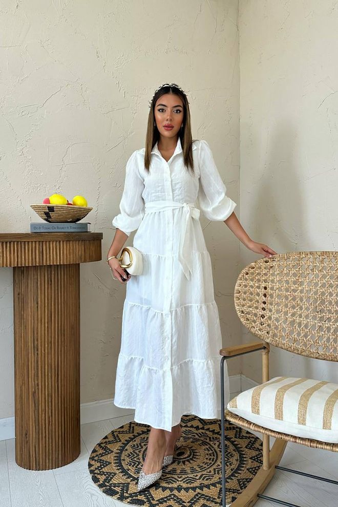 Elisa Vestido Camisa Maxi Branco Modesto Elegante Roupas por atacado Modesto