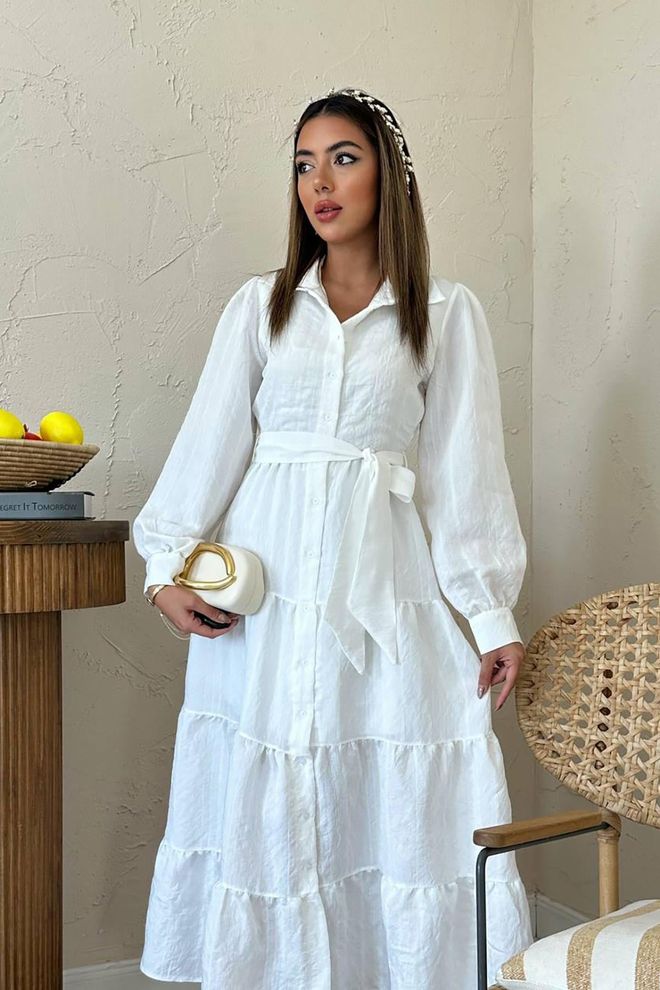 Elisa White Modest Elegant Maxi Shirt Dress Wholesale Clothing Spring