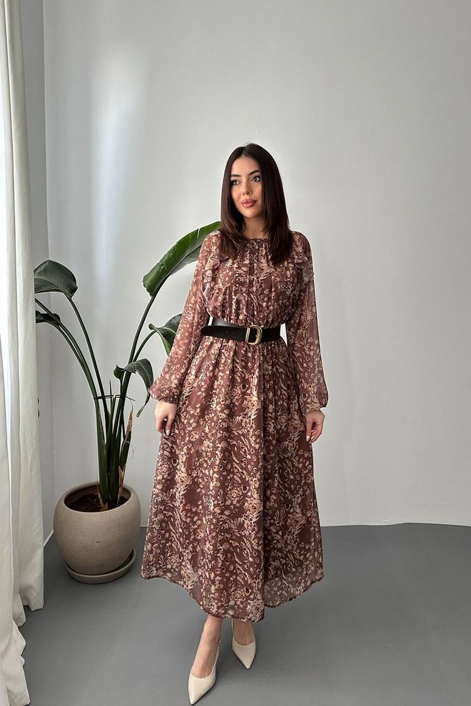 Elisa Brown A Line Maxi Dress With Animal Print Wholesale Clothing Modest