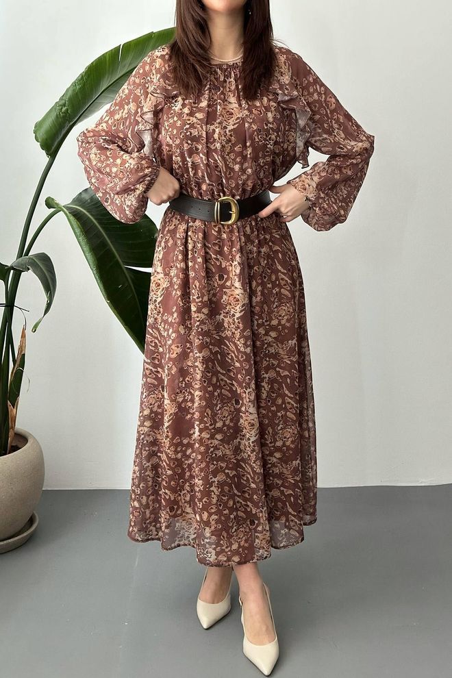 Elisa Brown A Line Maxi Dress With Animal Print Wholesale Clothing Work