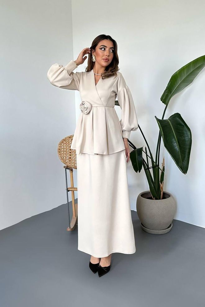 Elisa Beige Elegant Modest Set With Tie Closure Wholesale Clothing Modest