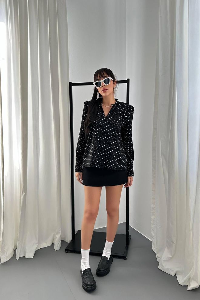 Elisa Black Polka Dot V Neck Blouse Elegant & Vintage Wholesale Clothing Casual