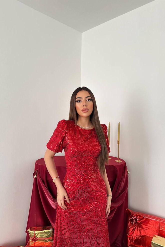 Elisa Red Elegant Sheath Dress With Sequined Puff Sleeves Wholesale Clothing Birthday