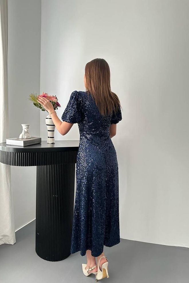 Elisa Navy Blue Sequined Fit And Flare Dress Wholesale Clothing 4