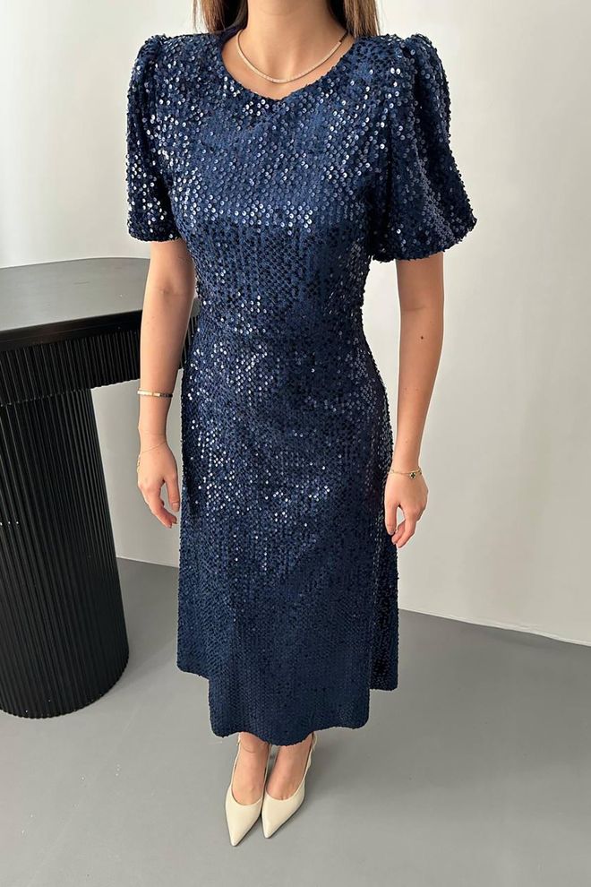 Elisa Navy Blue Sequined Fit And Flare Dress Wholesale Clothing Cocktail