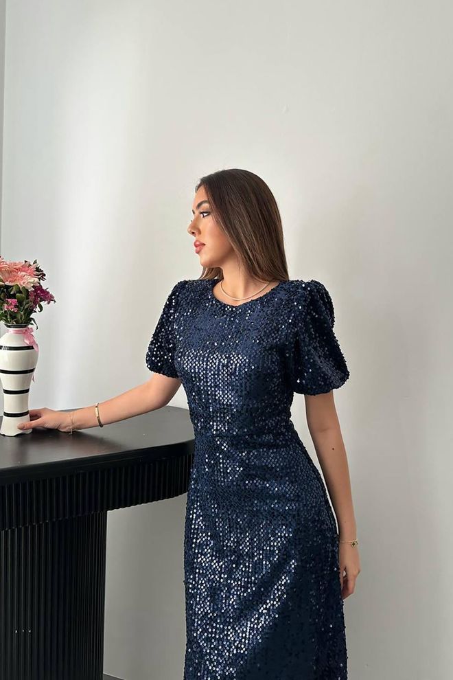 Elisa Navy Blue Sequined Fit And Flare Dress Wholesale Clothing Spring