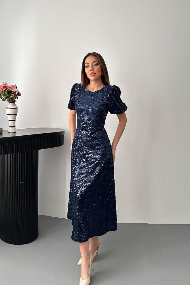 Elisa Navy Blue Sequined Fit And Flare Dress Wholesale Clothing No Fabric