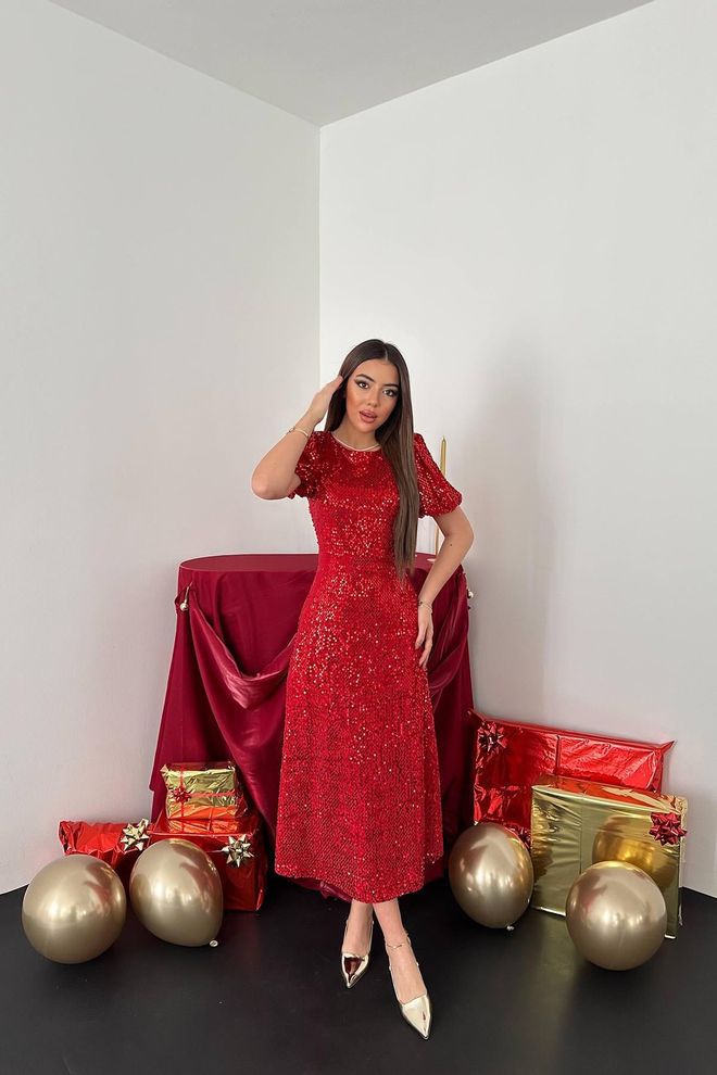 Elisa Red Elegant Sheath Dress With Sequined Puff Sleeves Wholesale Clothing No Fabric