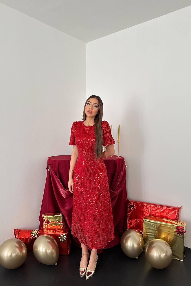 Elisa Red Elegant Sheath Dress With Sequined Puff Sleeves Wholesale Clothing Elegant