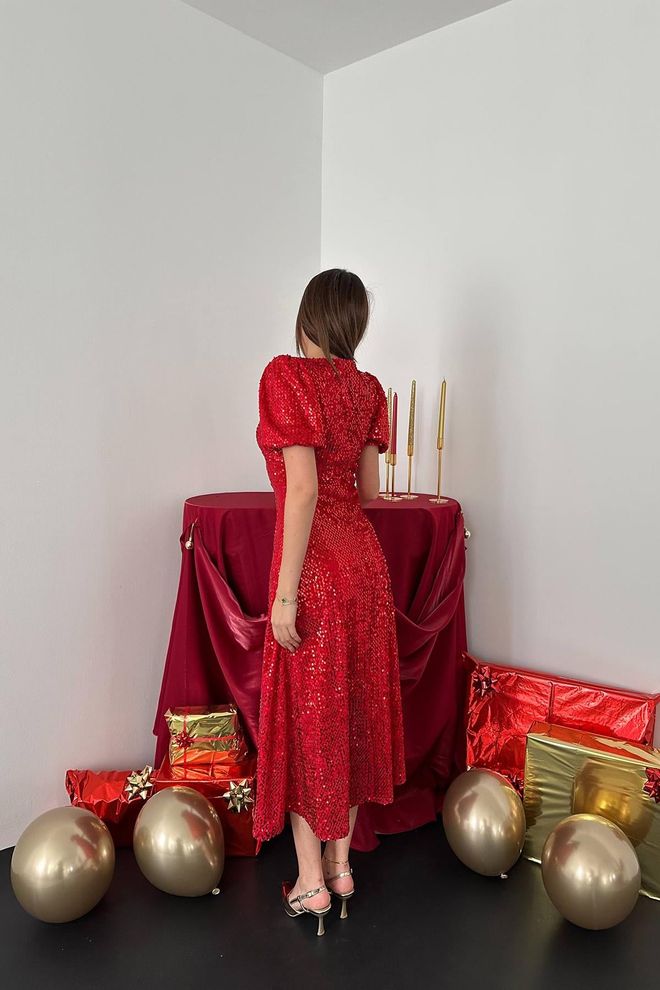 Elisa Red Elegant Sheath Dress With Sequined Puff Sleeves Wholesale Clothing 4