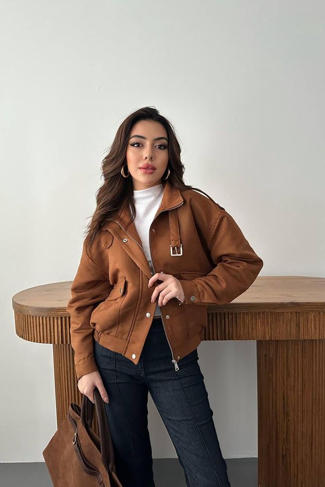 Elisa Brown Bomber Jacket With Band Collar Wholesale Clothing Casual