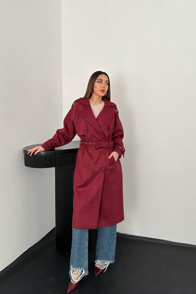 Elisa Claret Red Trenchcoat Elegant Double Breasted Coat Wholesale Clothing Vintage