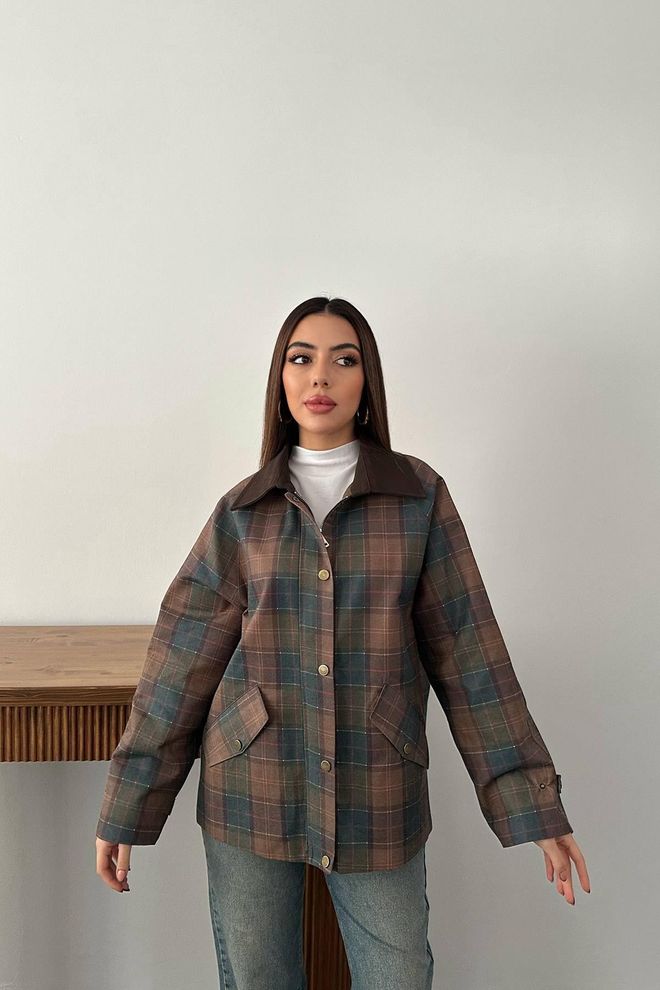 Elisa Brown Plaid Overshirt Jacket With Flap Pockets Wholesale Clothing Casual