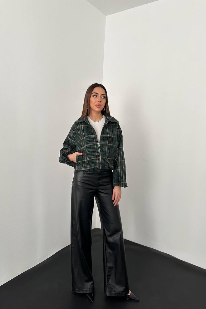 Elisa Green Overshirt Jacket With Checkered Pattern Wholesale Clothing Spring