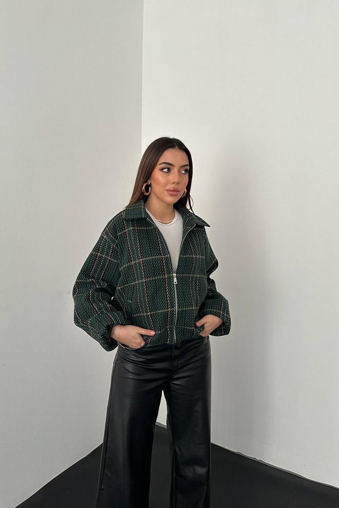 Elisa Green Overshirt Jacket With Checkered Pattern Wholesale Clothing 1
