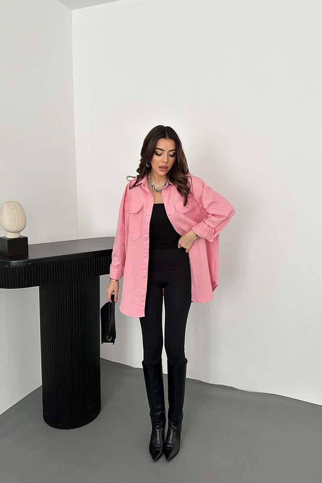 Elisa Pink Notched Neck Oversized Fit Shirt Wholesale Clothing Spring