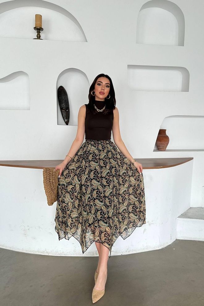 Elisa Black Boho Casual Elegant Paisley Asymmetrical Midi Skirt Wholesale Clothing Casual