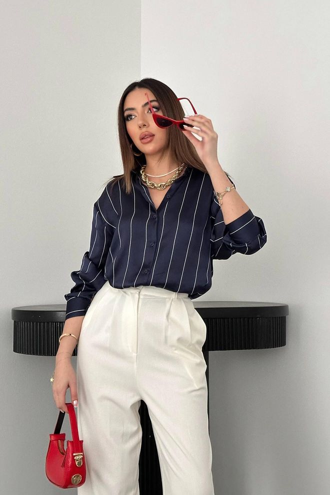 Elisa Navy Blue Striped Formal Buttoned Shirt Wholesale Clothing Casual