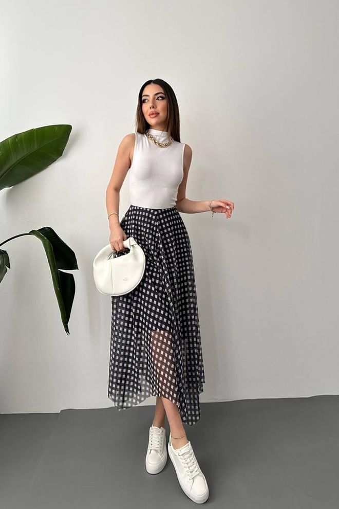 Elisa Black Asymmetrical Checkered Midi Skirt Wholesale Clothing Casual
