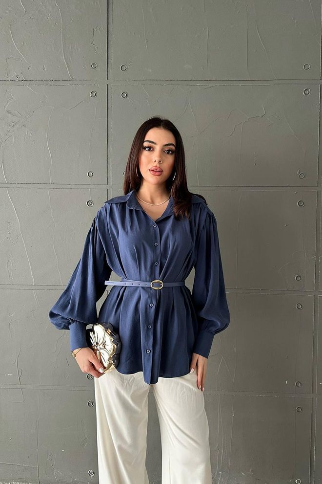 Elisa Elegant Navy Blue Shirt With Bishop Sleeves Wholesale Clothing Casual