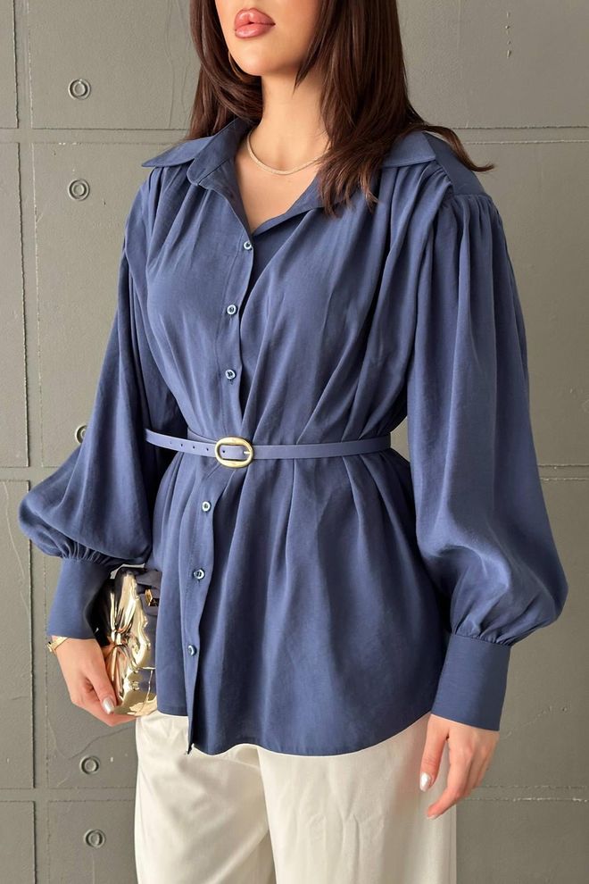 Elisa Elegant Navy Blue Shirt With Bishop Sleeves Wholesale Clothing Spring