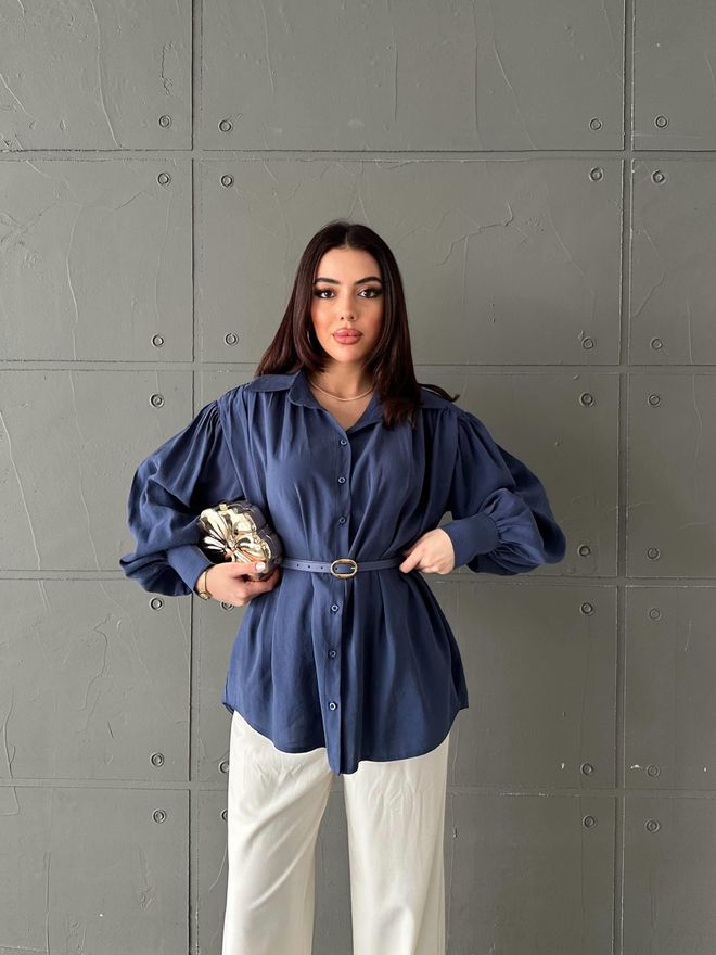 Elisa Elegant Navy Blue Shirt With Bishop Sleeves Wholesale Clothing 1