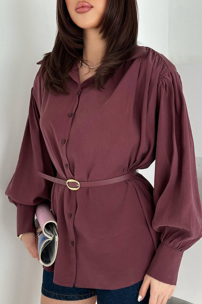 Elisa Claret Red Shirt With Notched Neck And Button Closure Wholesale Clothing Work