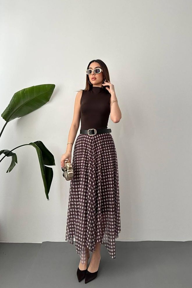 Elisa Brown Retro Checkered Asymmetrical Midi Skirt Wholesale Clothing Casual