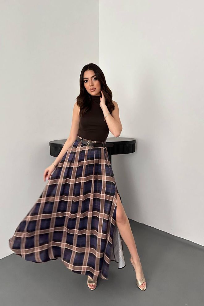 Elisa Navy Blue Checkered Flared Maxi Skirt Wholesale Clothing Casual