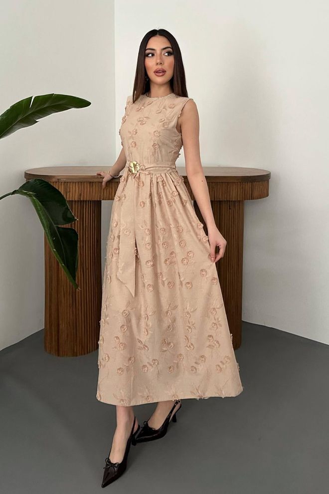 Elisa Beige Elegant A Line Maxi Dress With Cap Sleeves Wholesale Clothing 1