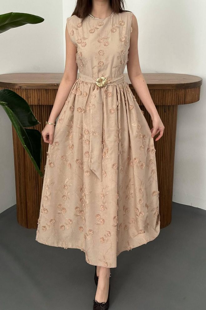 Elisa Beige Elegant A Line Maxi Dress With Cap Sleeves Wholesale Clothing Spring