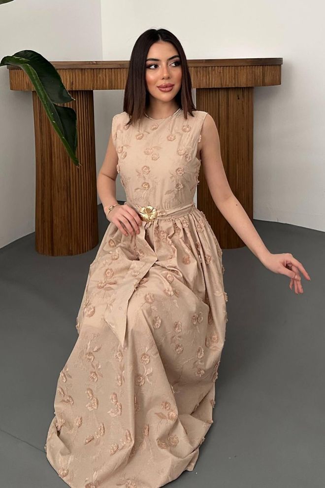 Elisa Beige Elegant A Line Maxi Dress With Cap Sleeves Wholesale Clothing Cocktail