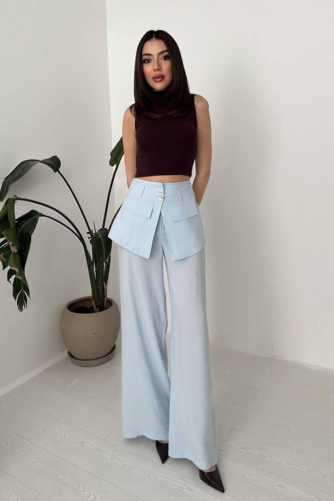 Elisa Blue Palazzo Pants With High Waist And Flap Pockets Wholesale Clothing Casual