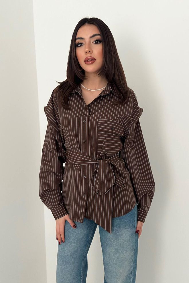 Elisa Brown Striped Oversized Fit Shirt Wholesale Clothing Casual