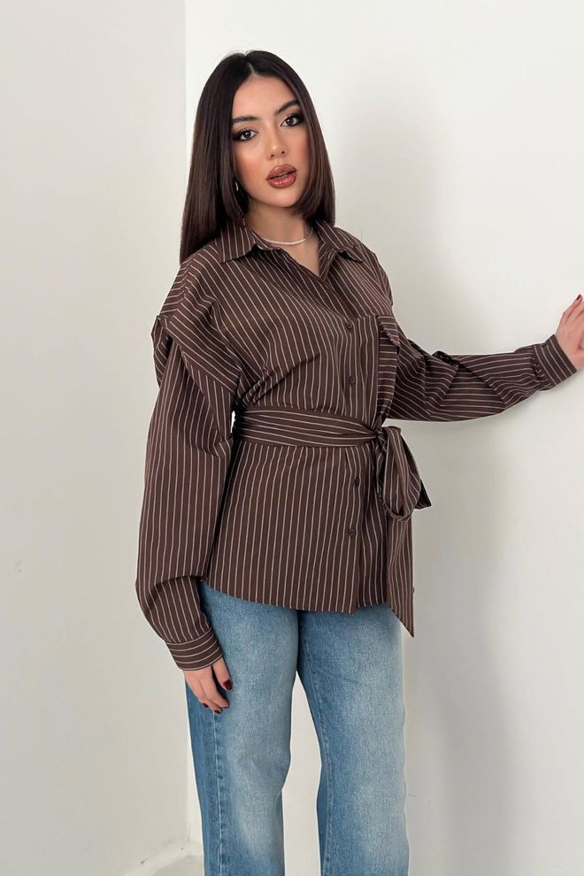 Elisa Brown Striped Oversized Fit Shirt Wholesale Clothing 1