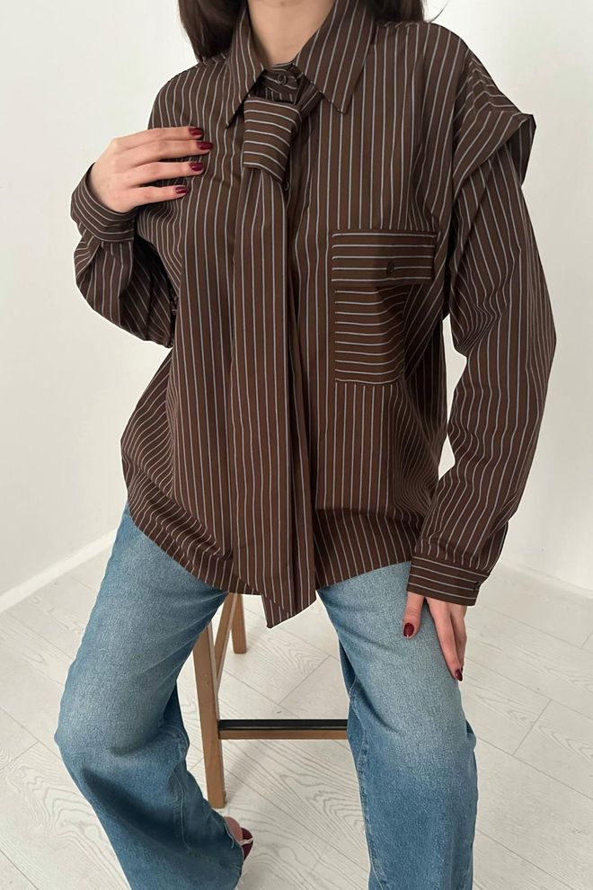 Elisa Brown Striped Oversized Fit Shirt Wholesale Clothing Spring
