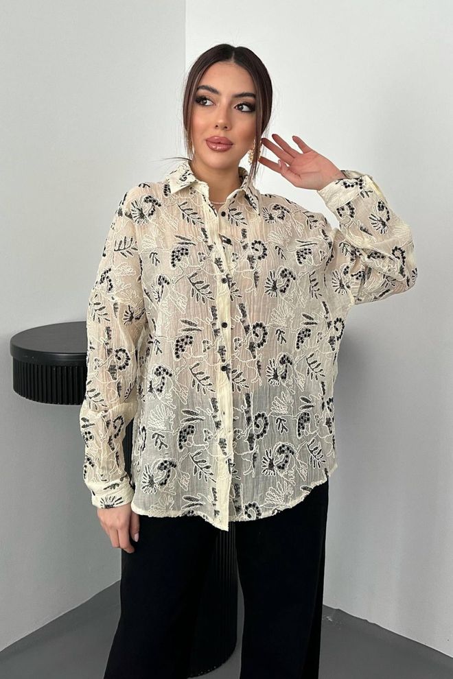 Elisa Elegant Beige Floral Blouse With Long Sleeves Wholesale Clothing Casual