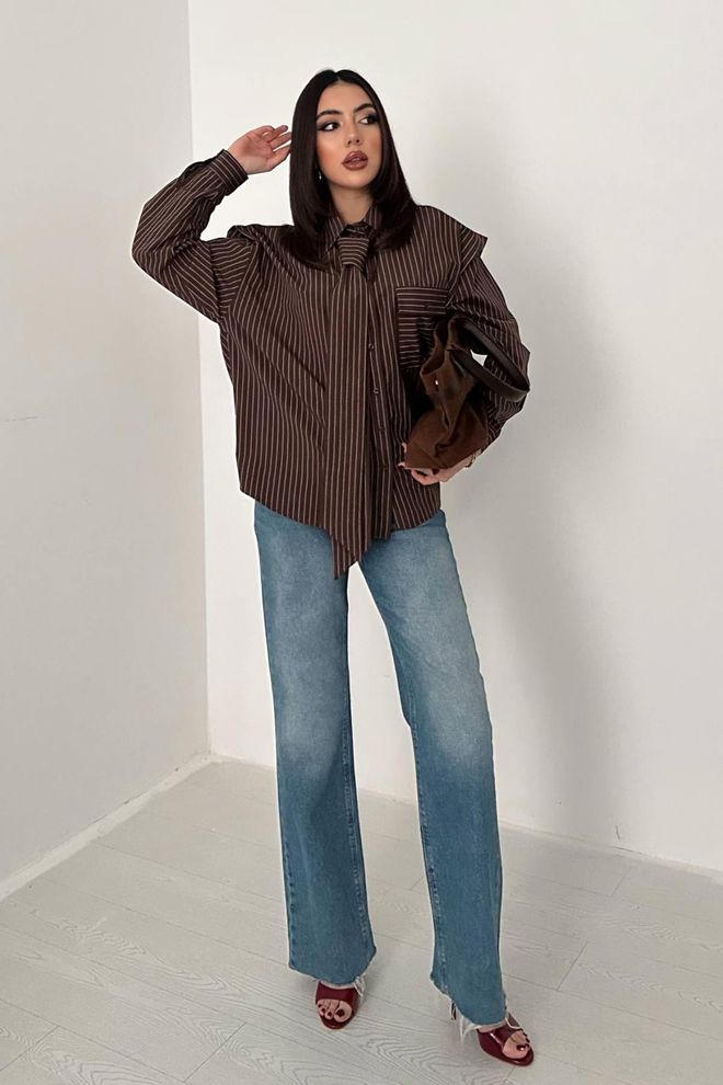 Elisa Brown Striped Oversized Fit Shirt Wholesale Clothing Lounge