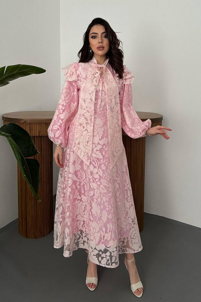 Elisa Elegant Pink A Line Dress With Long Ballon Sleeves Wholesale Clothing Modest