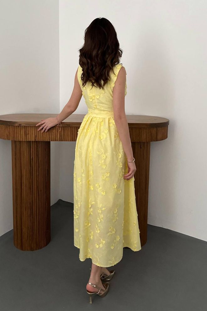 Elisa Yellow A Line Floral Midi Dress Wholesale Clothing Vintage