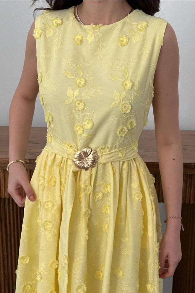 Elisa Yellow A Line Floral Midi Dress Wholesale Clothing Birthday