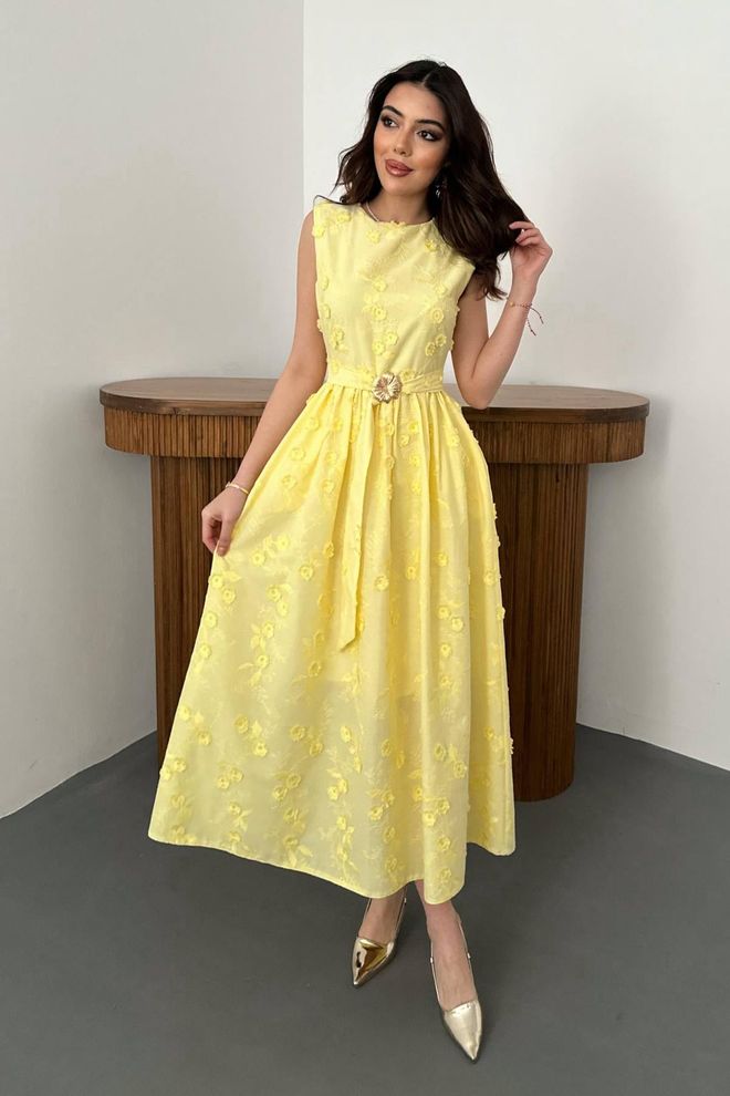 Elisa Yellow A Line Floral Midi Dress Wholesale Clothing Modest