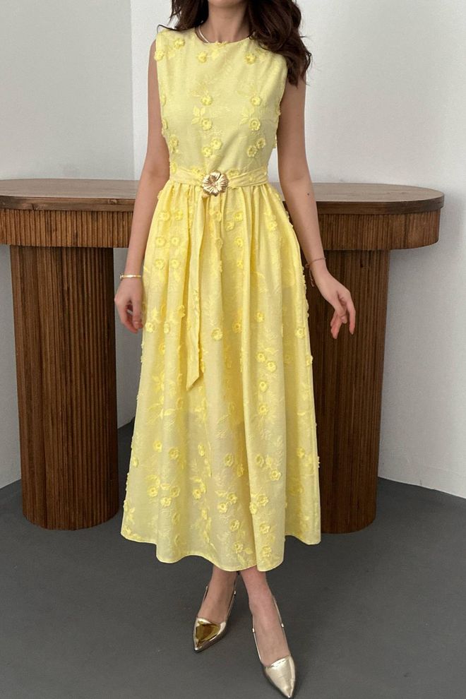 Elisa Yellow A Line Floral Midi Dress Wholesale Clothing Spring