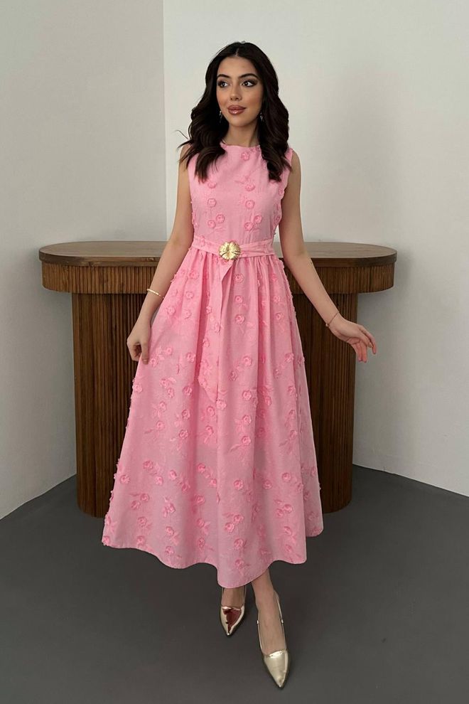 Elisa Pink Elegant A Line Midi Dress Wholesale Clothing Modest